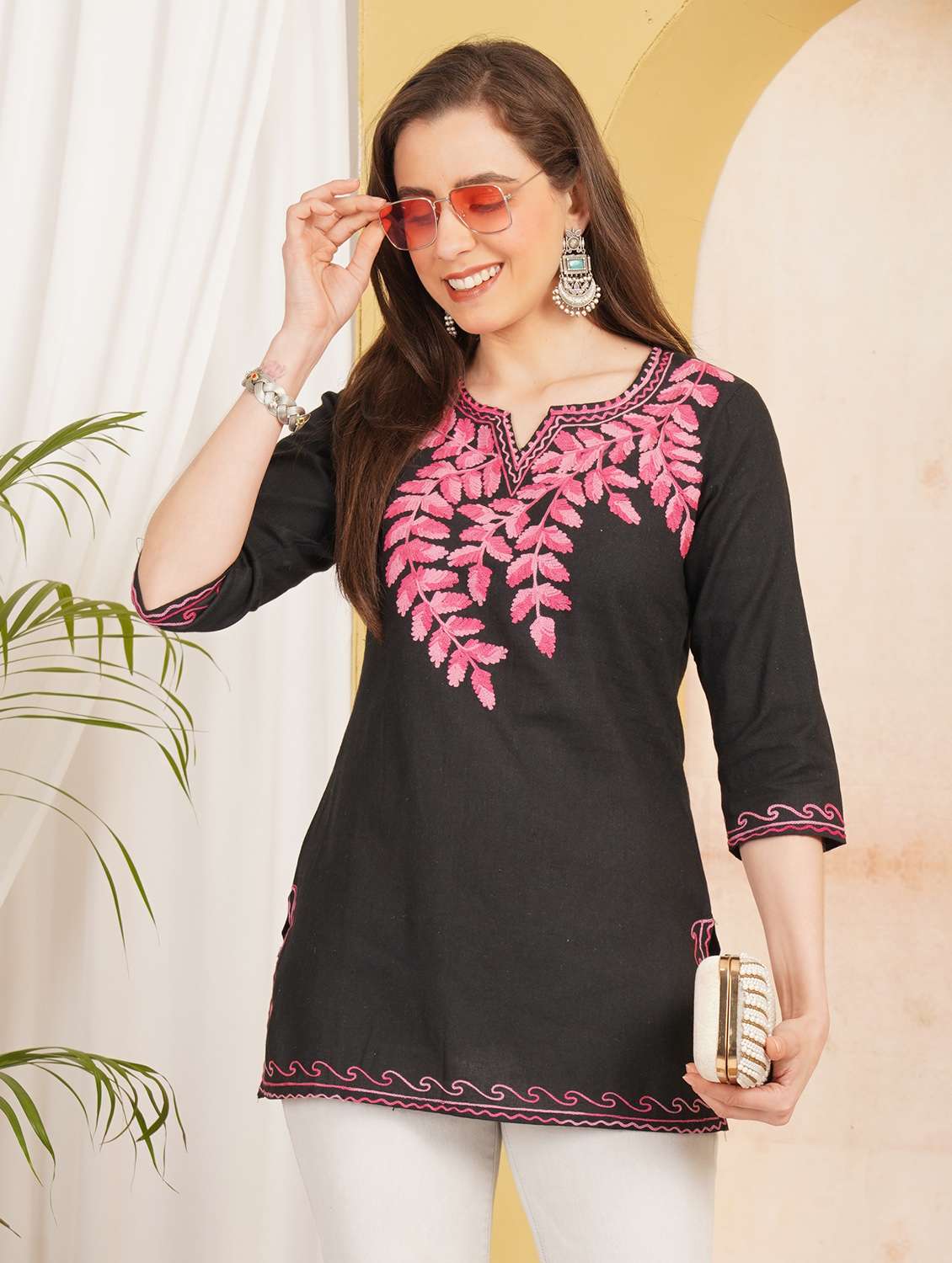 women embroidered notch neck straight kurti