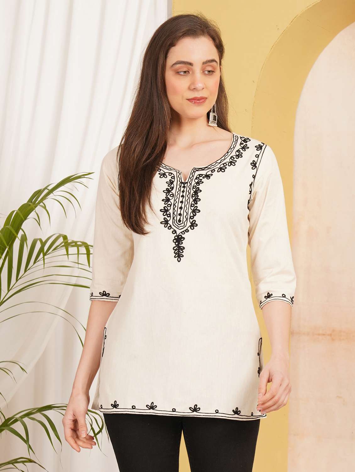 women embroidered notch neck straight kurti