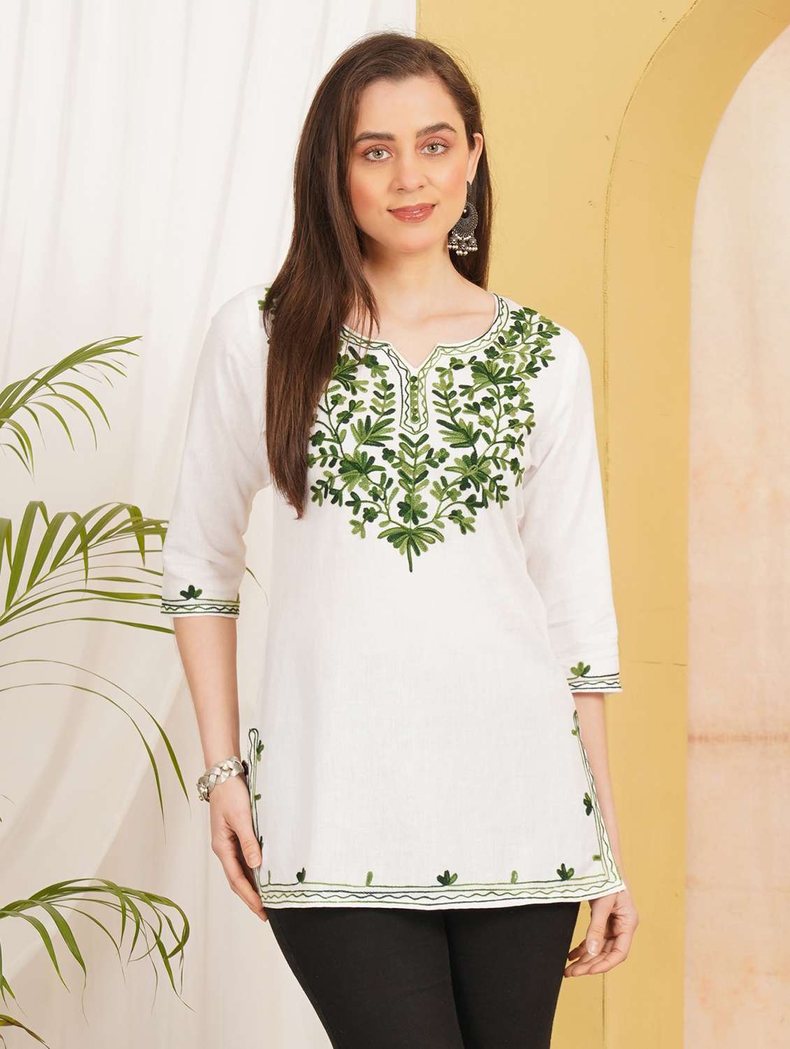 women embroidered notch neck straight kurti