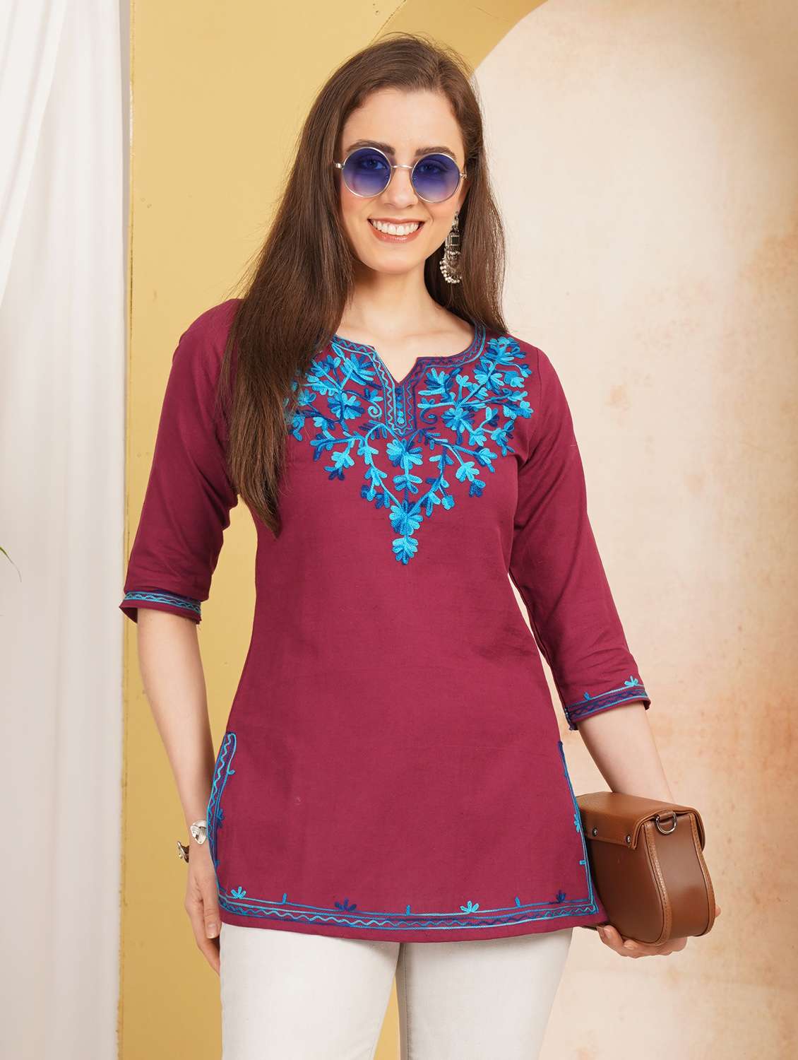 women embroidered notch neck straight kurti