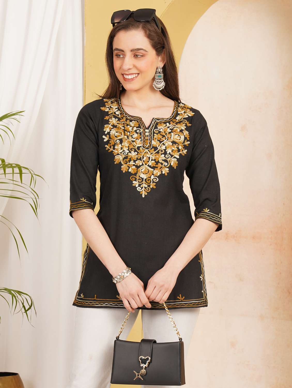 women embroidered notch neck straight kurti