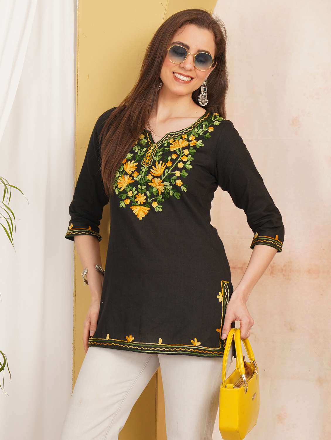 women embroidered notch neck straight kurti
