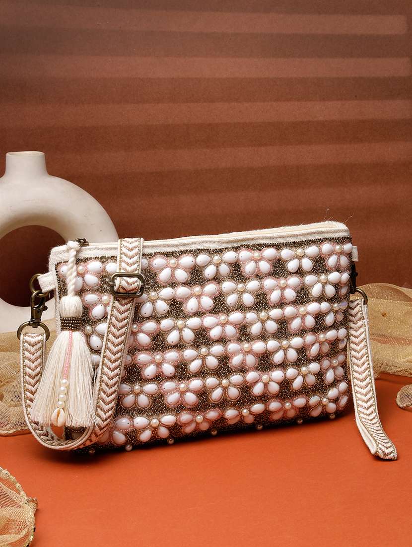 pink floral embellished cotton sling bag with zip closure