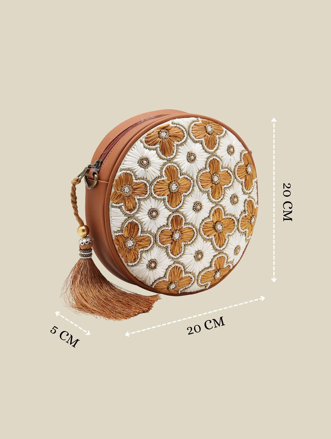 Tan Floral Embellished Cotton Sling Bag With Zip Closure - 22541930 -  Standard Image - 3