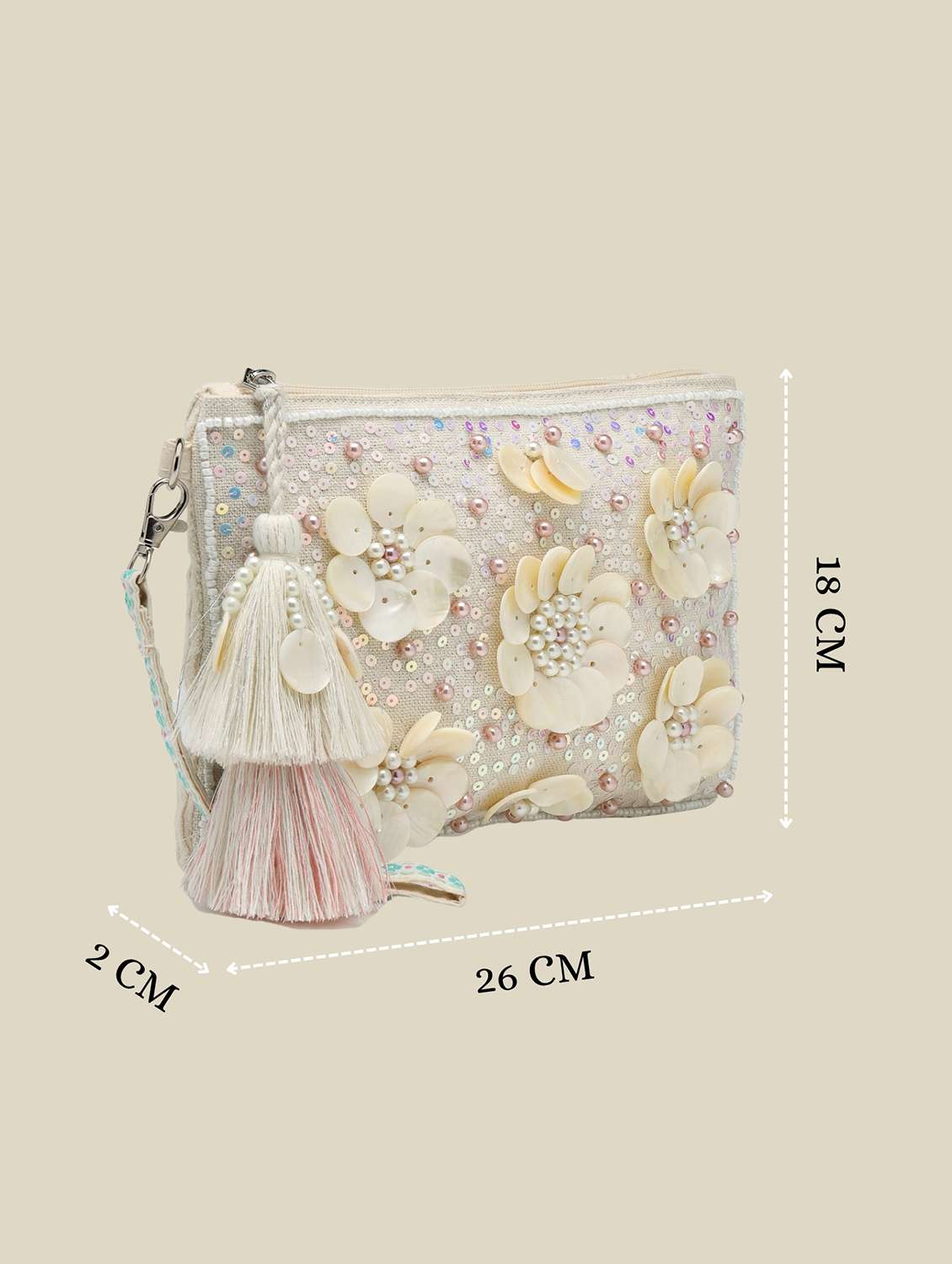 Off White Floral Embellished Canvas Sling Bag With Zip Closure - 22541931 -  Standard Image - 3