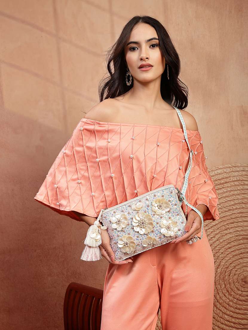 Off White Floral Embellished Canvas Sling Bag With Zip Closure - 22541931 -  Standard Image - 5