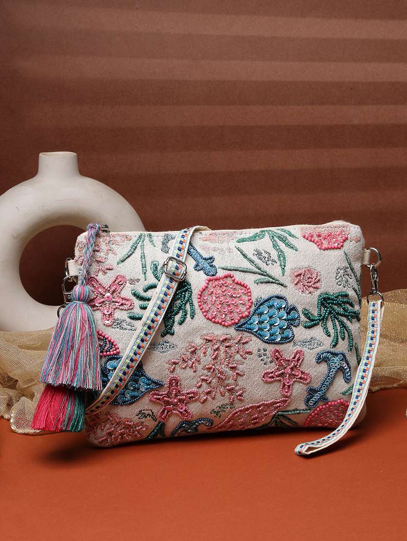 anekaant cotton off white sling bag with embroidery