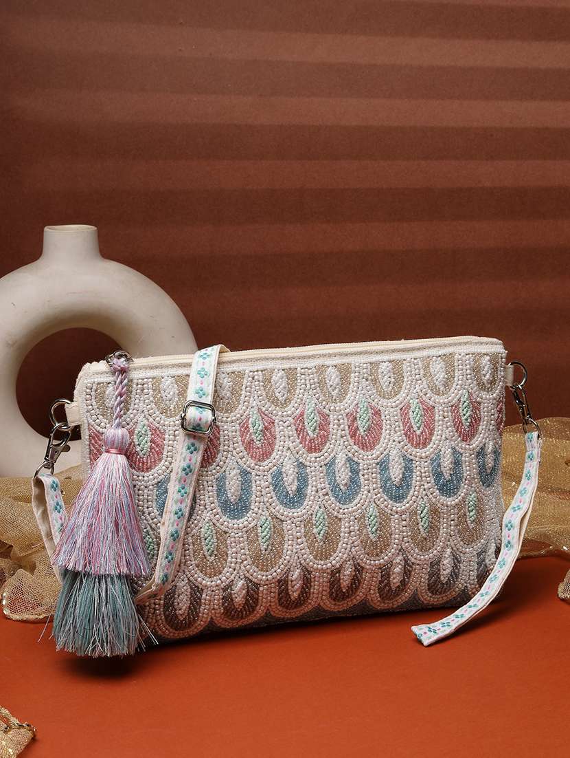 anekaant off white canvas embellished sling bag