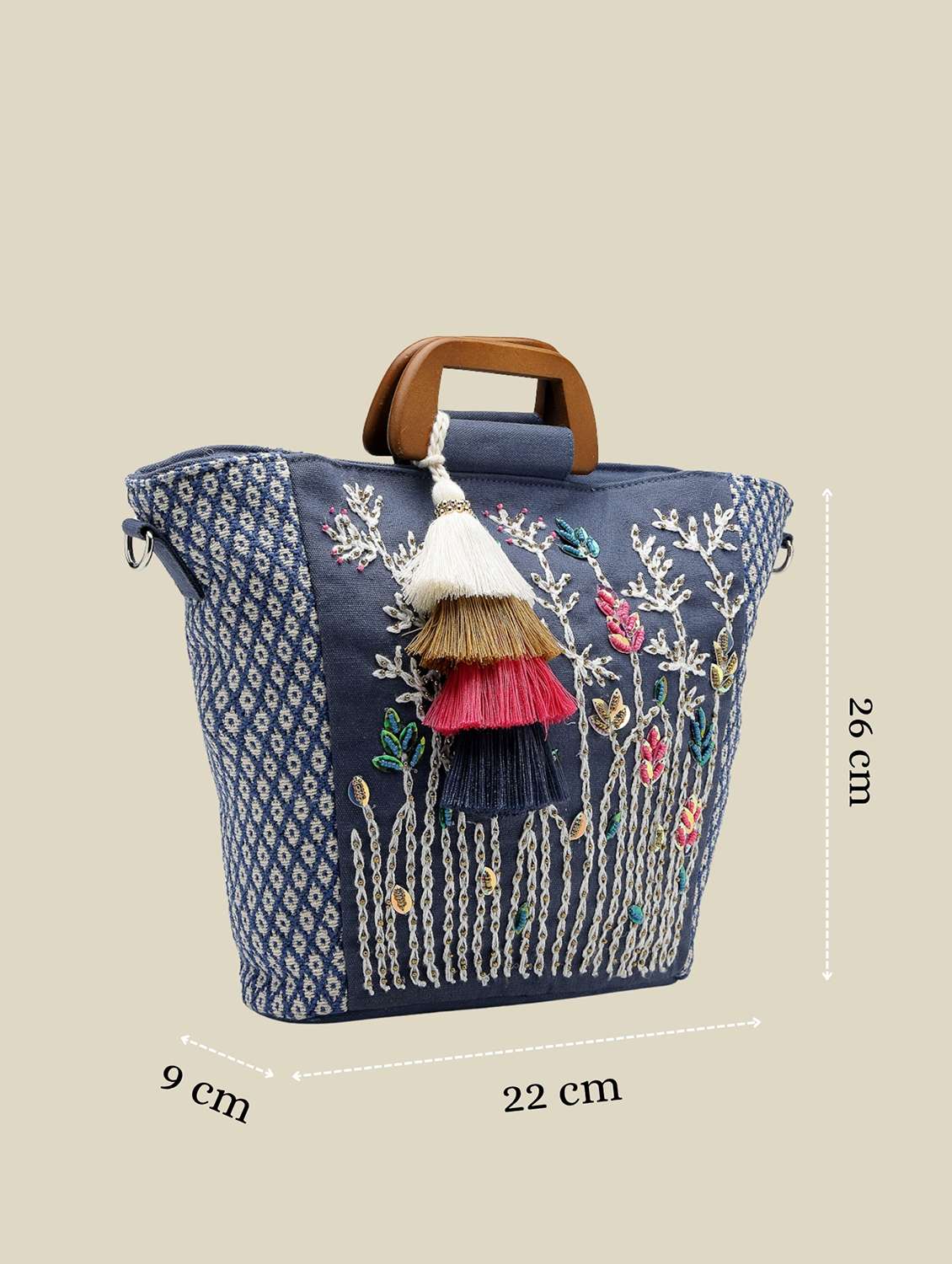 navy blue floral embroidery cotton handheld bag - 22541934 -  Standard Image - 3