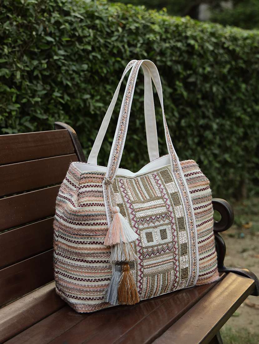 geometric pattern cotton canvas tote bag with button closure