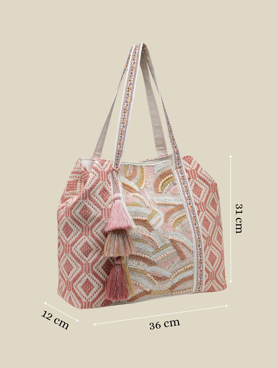 Pink Cotton Canvas Aztec Beaded Hobo Bag With Button Closure - 22541937 -  Standard Image - 3
