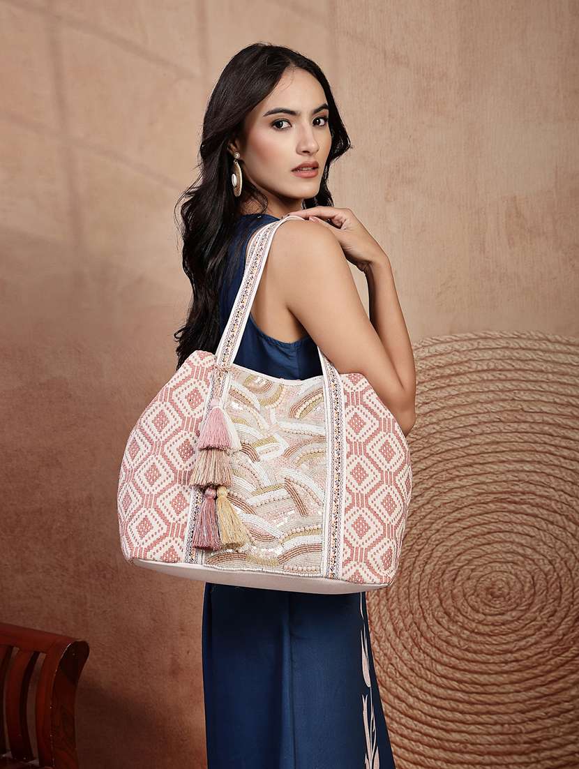 Pink Cotton Canvas Aztec Beaded Hobo Bag With Button Closure - 22541937 -  Standard Image - 5