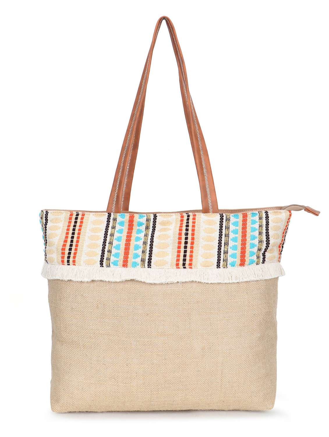 jute tote bag with zip closure casual beige