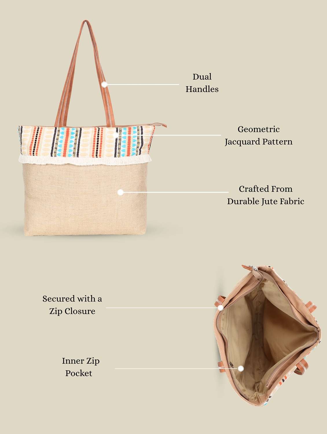 jute tote bag with zip closure casual beige - 22541938 -  Standard Image - 5