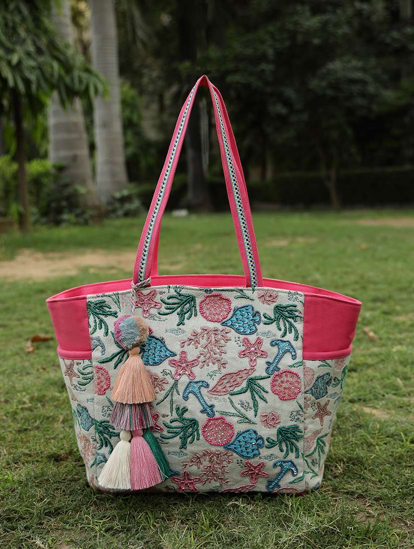cream cotton embroidered floral casual tote bag