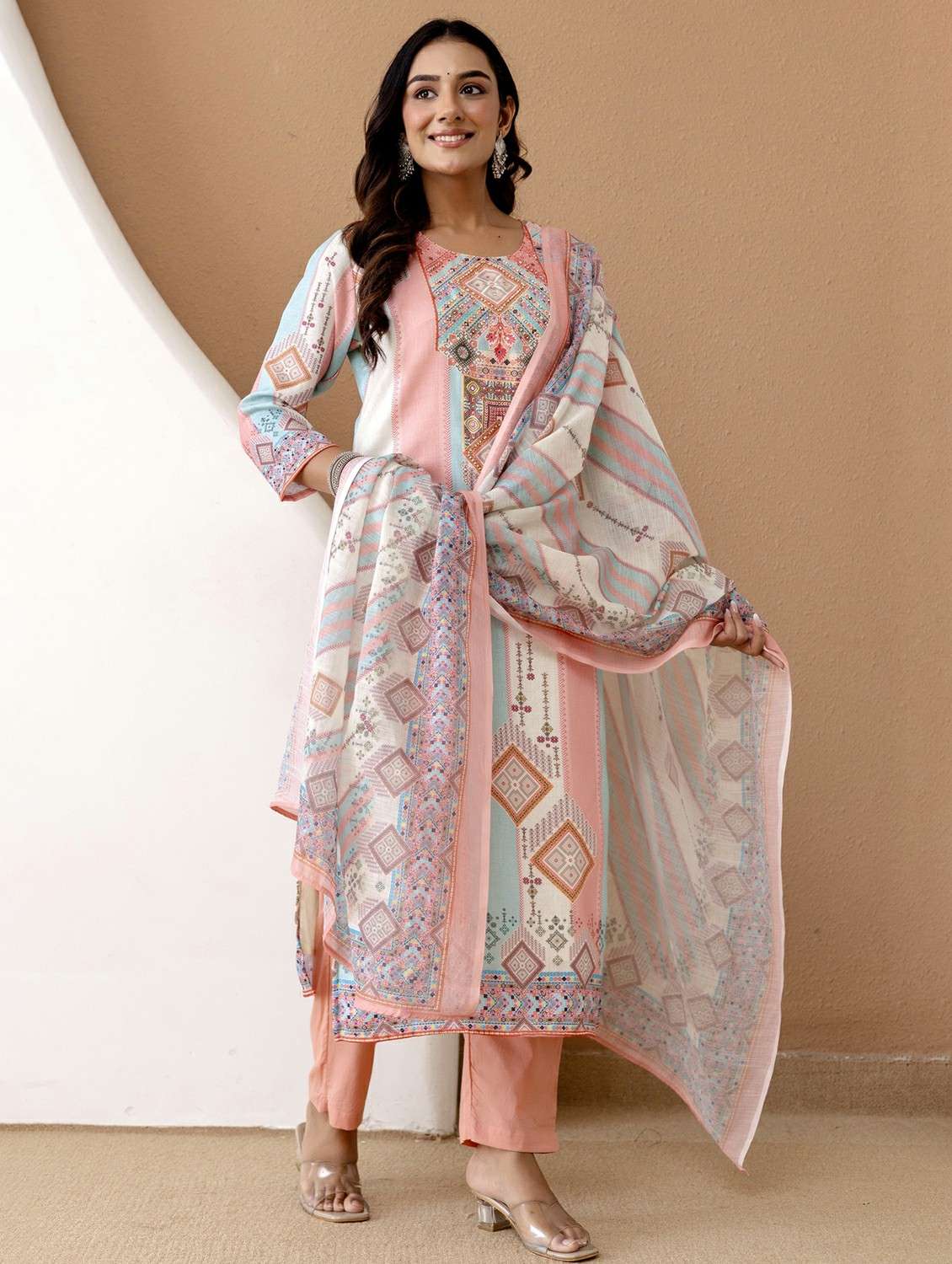 women printed three quarter sleeve kurta pant with dupatta set - 22542011 -  Standard Image - 3