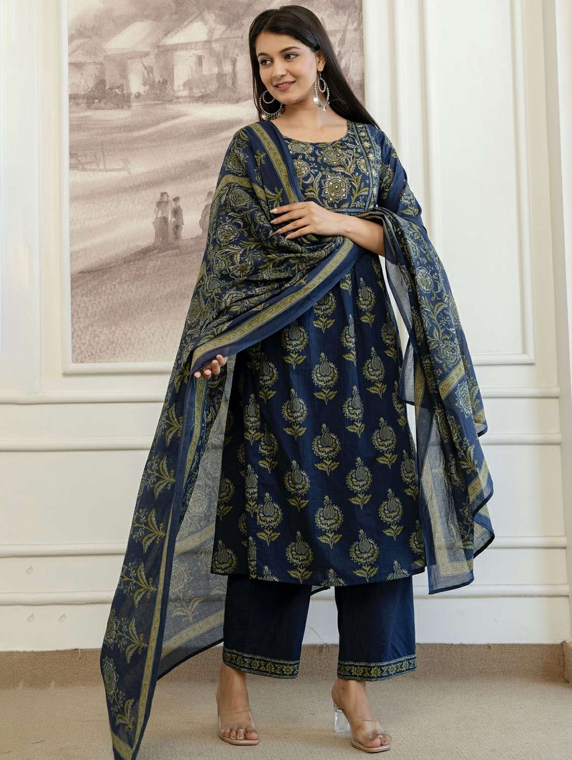 women printed three quarter sleeve kurta palazzo with dupatta set - 22542028 -  Standard Image - 5