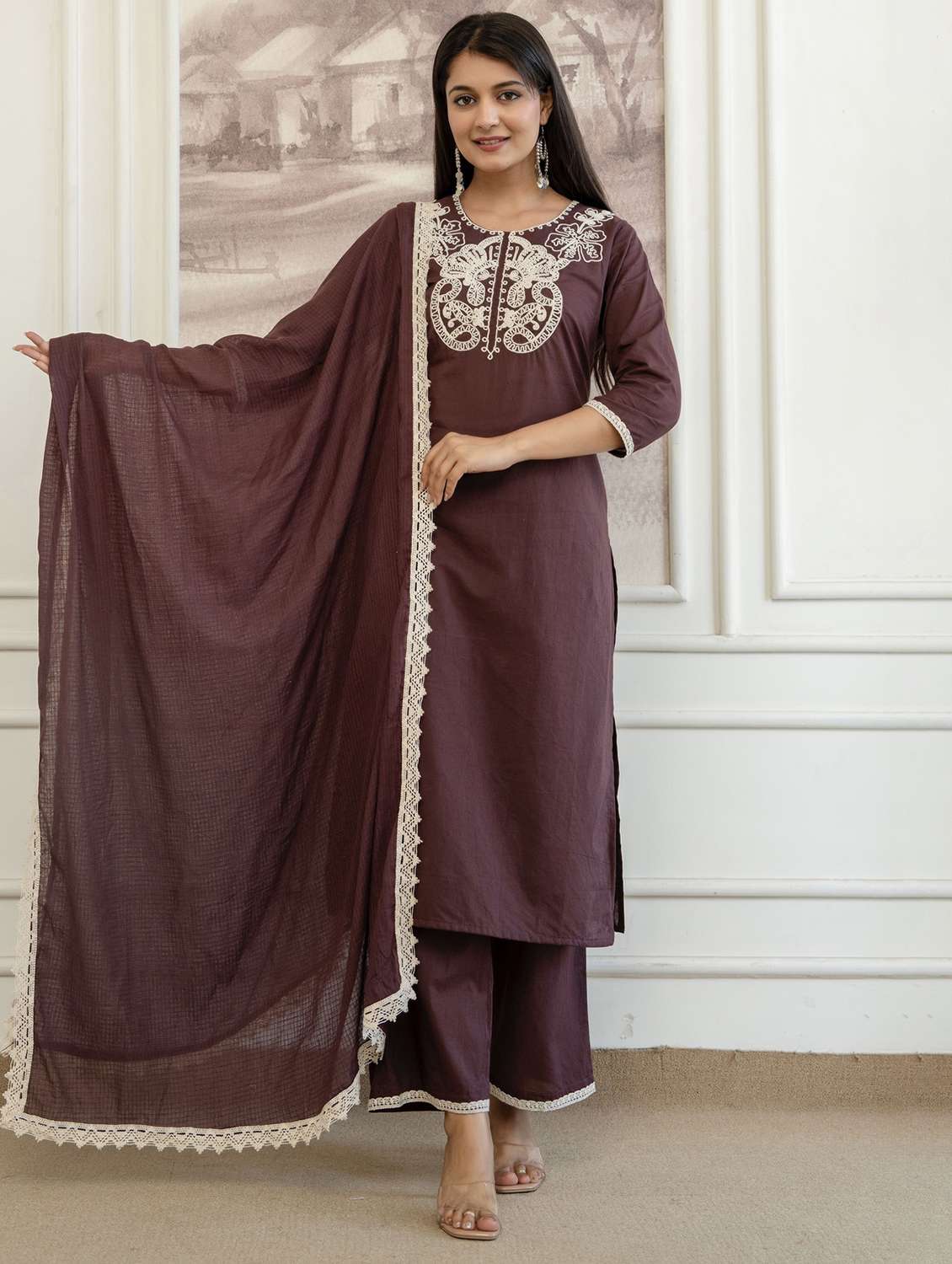 women embroidered three quarter sleeve kurta palazzo with dupatta set