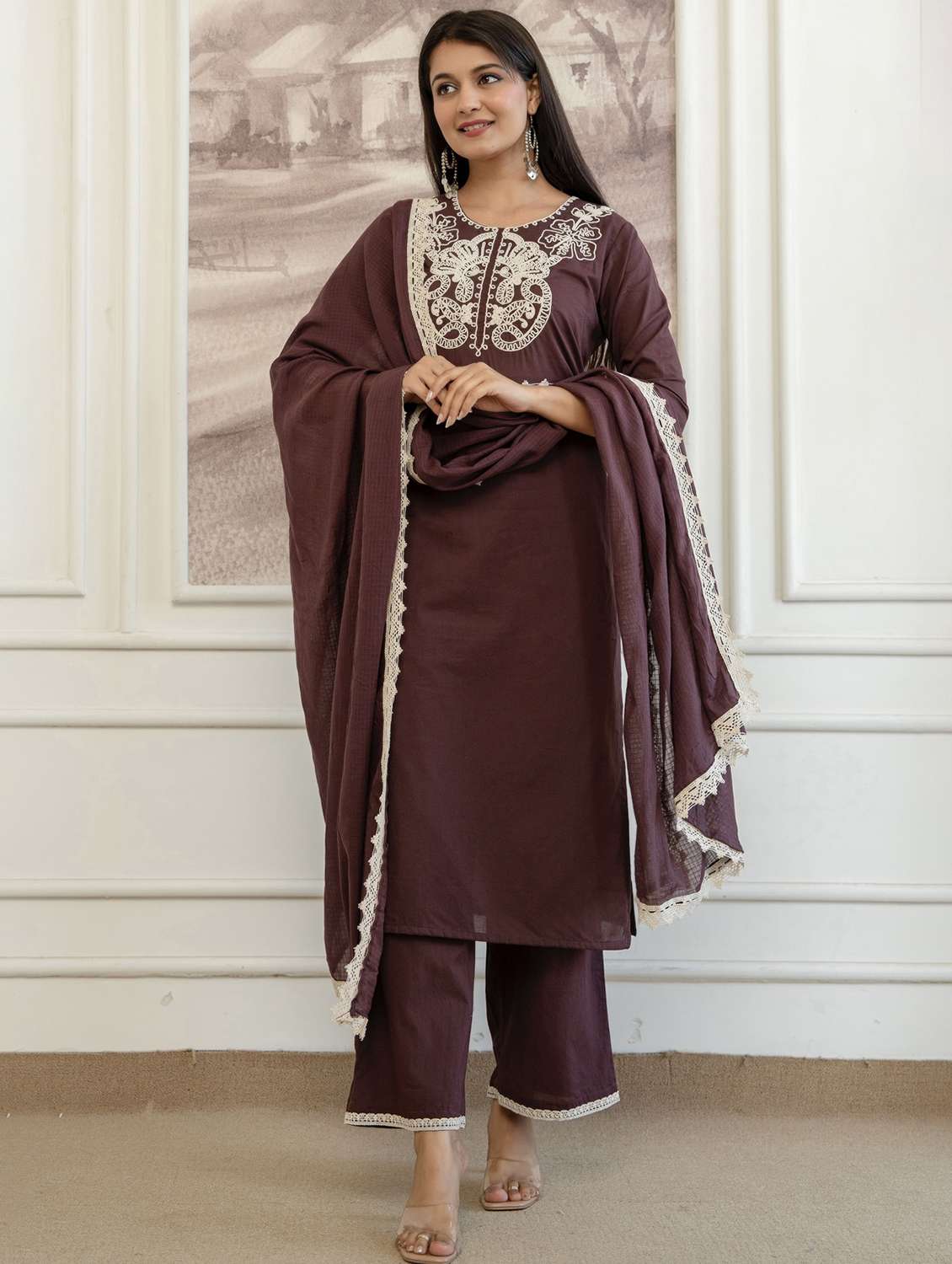 women embroidered three quarter sleeve kurta palazzo with dupatta set - 22542033 -  Standard Image - 5