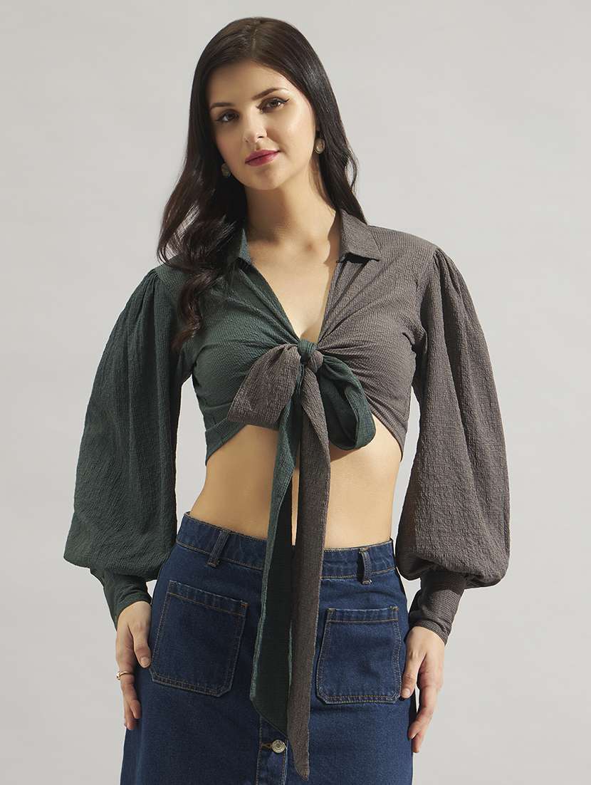 women colourblocked bishop sleeves crop top