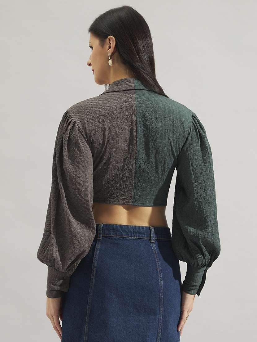 women colourblocked bishop sleeves crop top - 22542096 -  Standard Image - 3