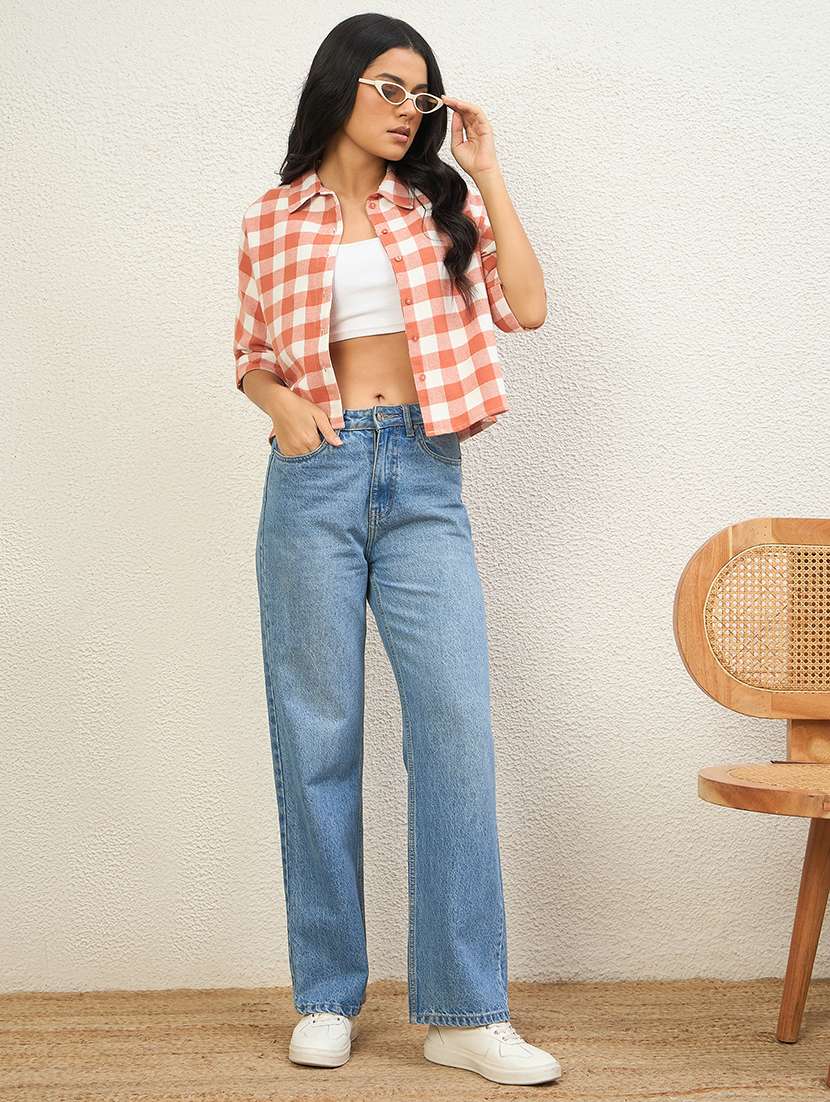Women Checkered Three Quarter Sleeves Crop Shirt - 22542100 -  Standard Image - 5