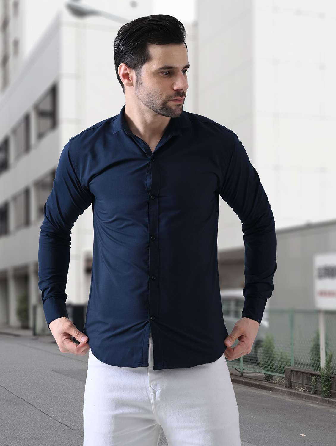 men solid collared slim fit casual shirt