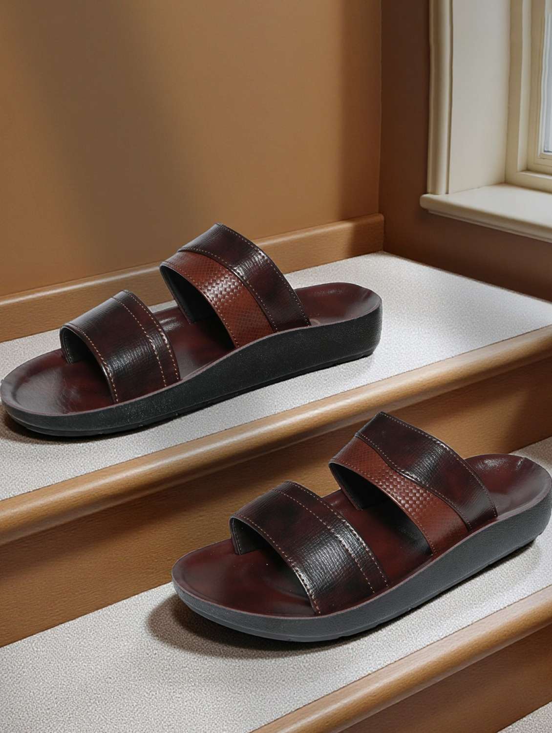 men brown slip on sandal