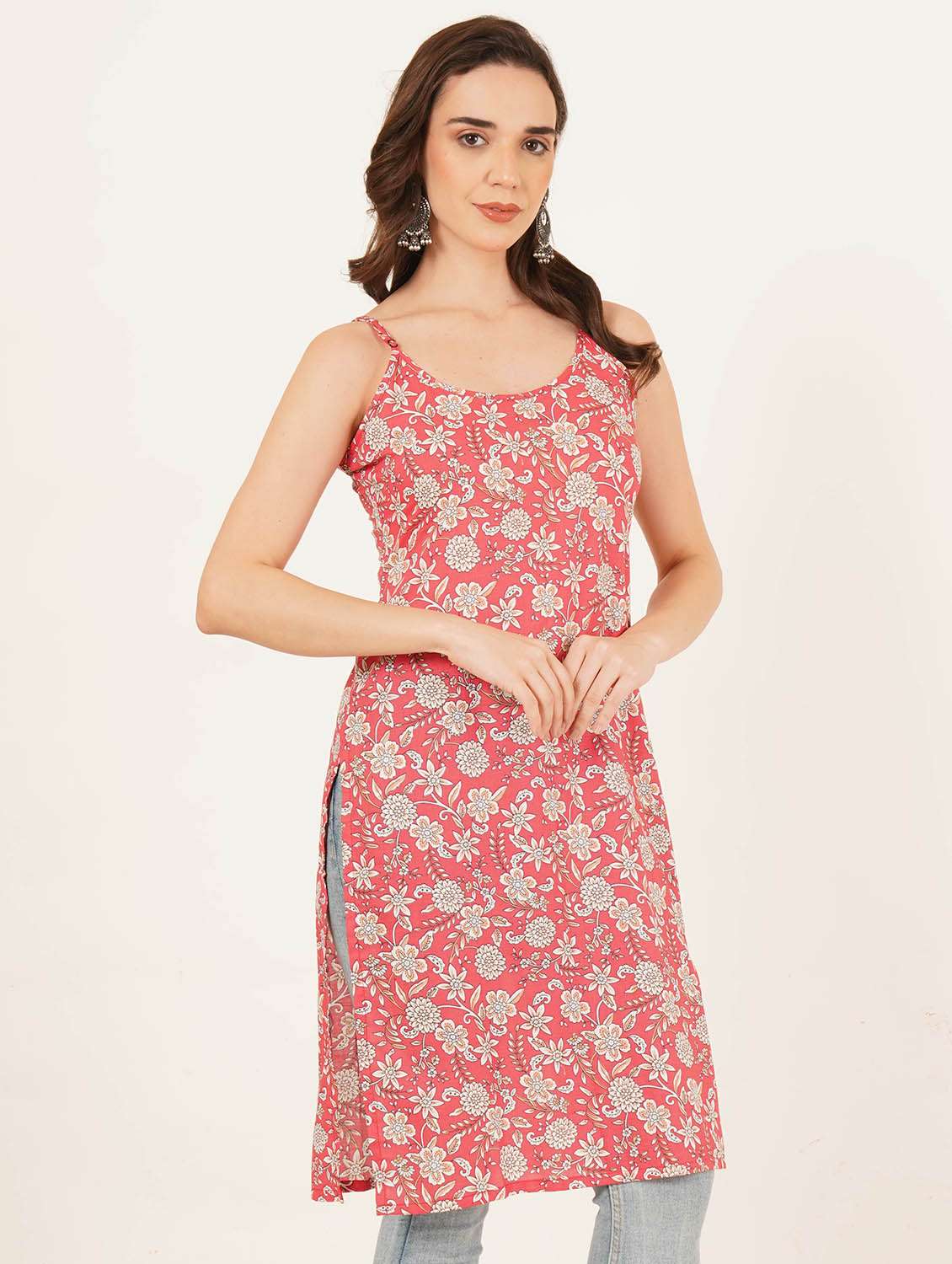 women printed shoulder strap straight kurta