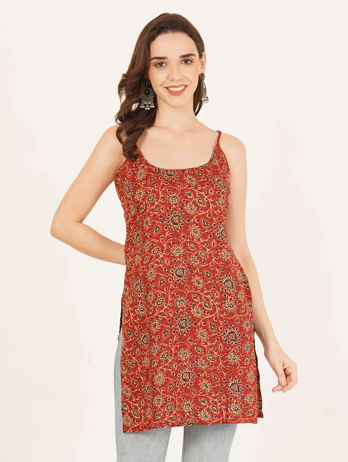 women printed shoulder strap straight kurti