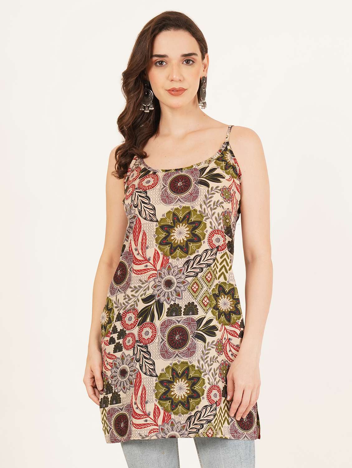 women printed shoulder strap straight kurti