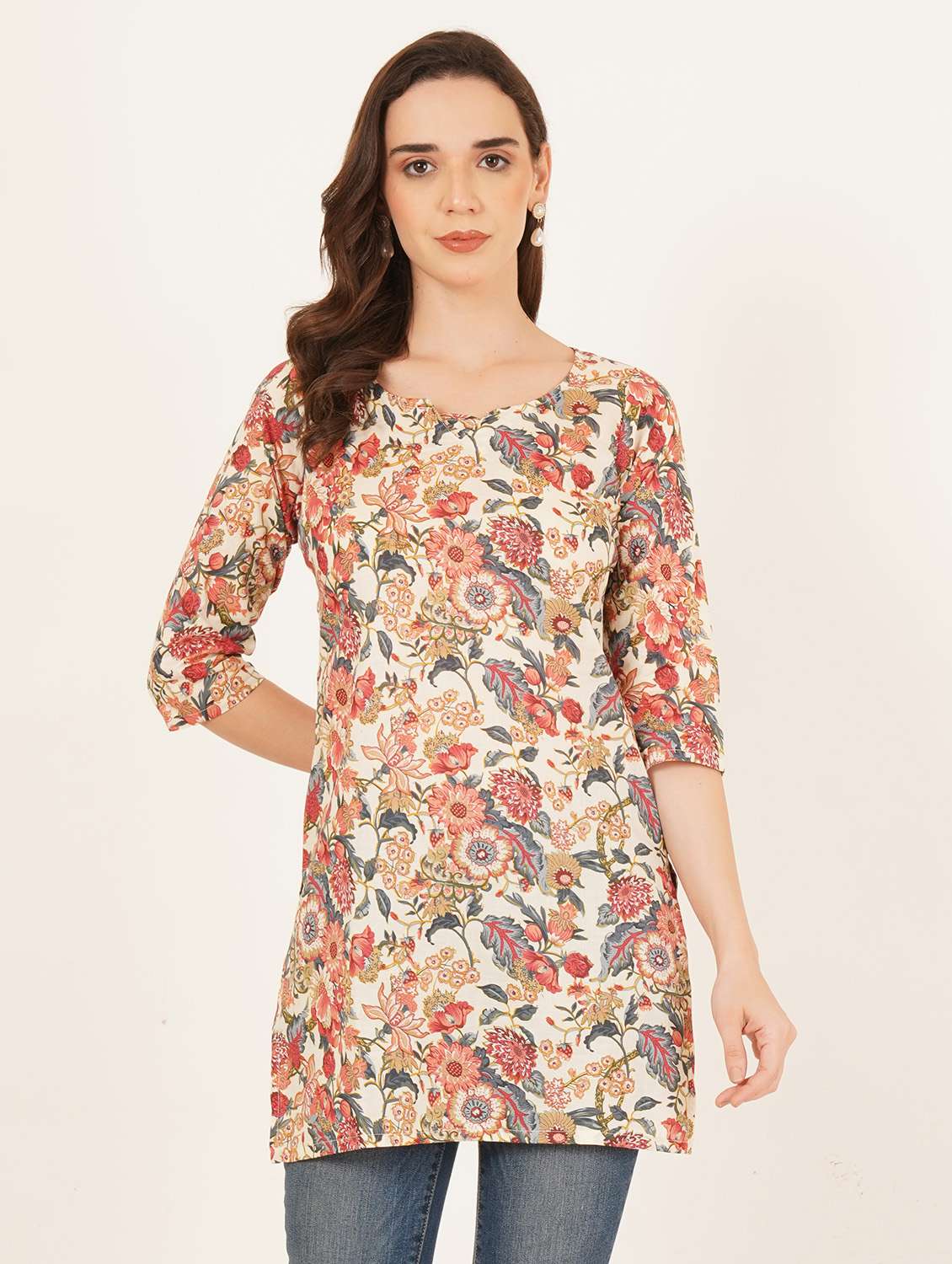 women printed three quarter sleeve straight kurti