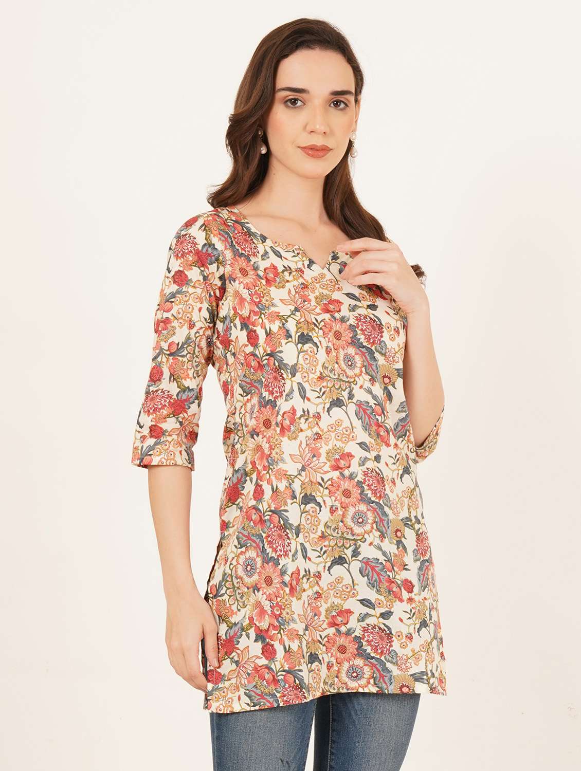 women printed three quarter sleeve straight kurti - 22542785 -  Standard Image - 3