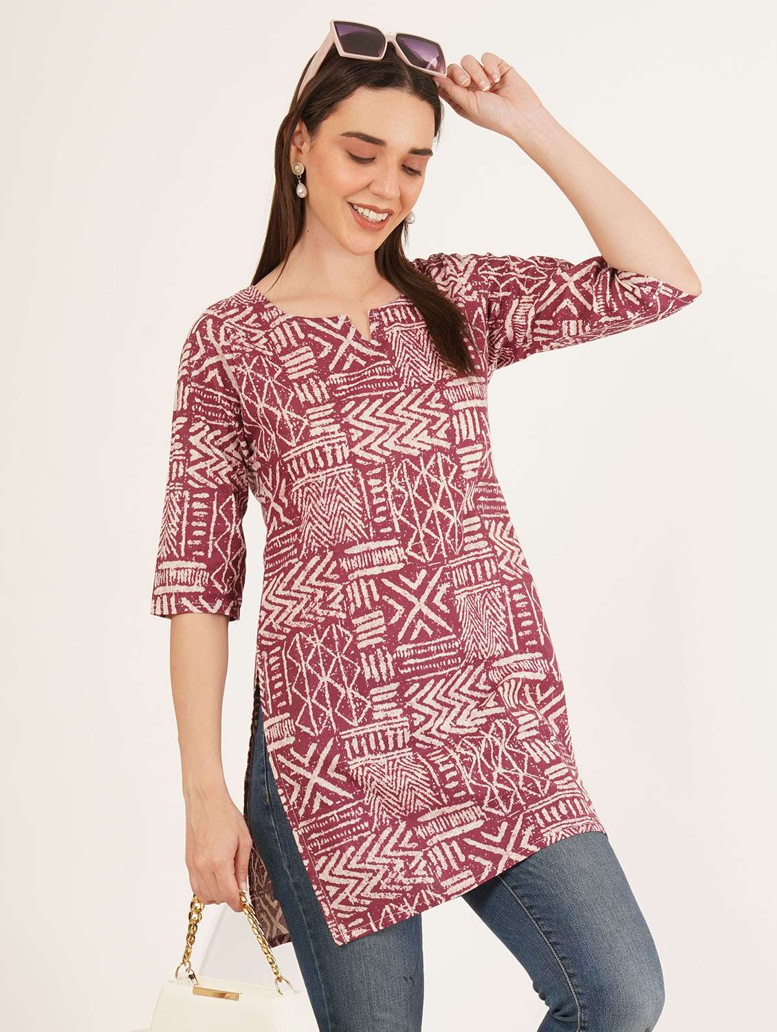 women printed three quarter sleeve straight kurti