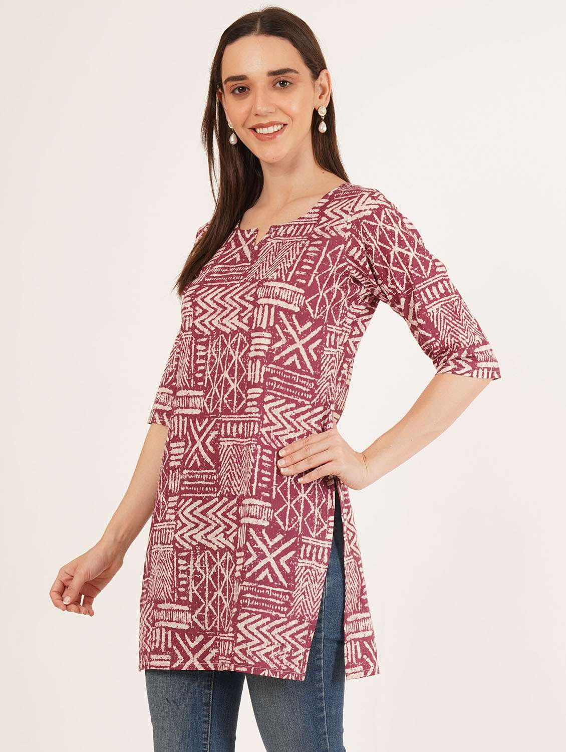 women printed three quarter sleeve straight kurti - 22542786 -  Standard Image - 3