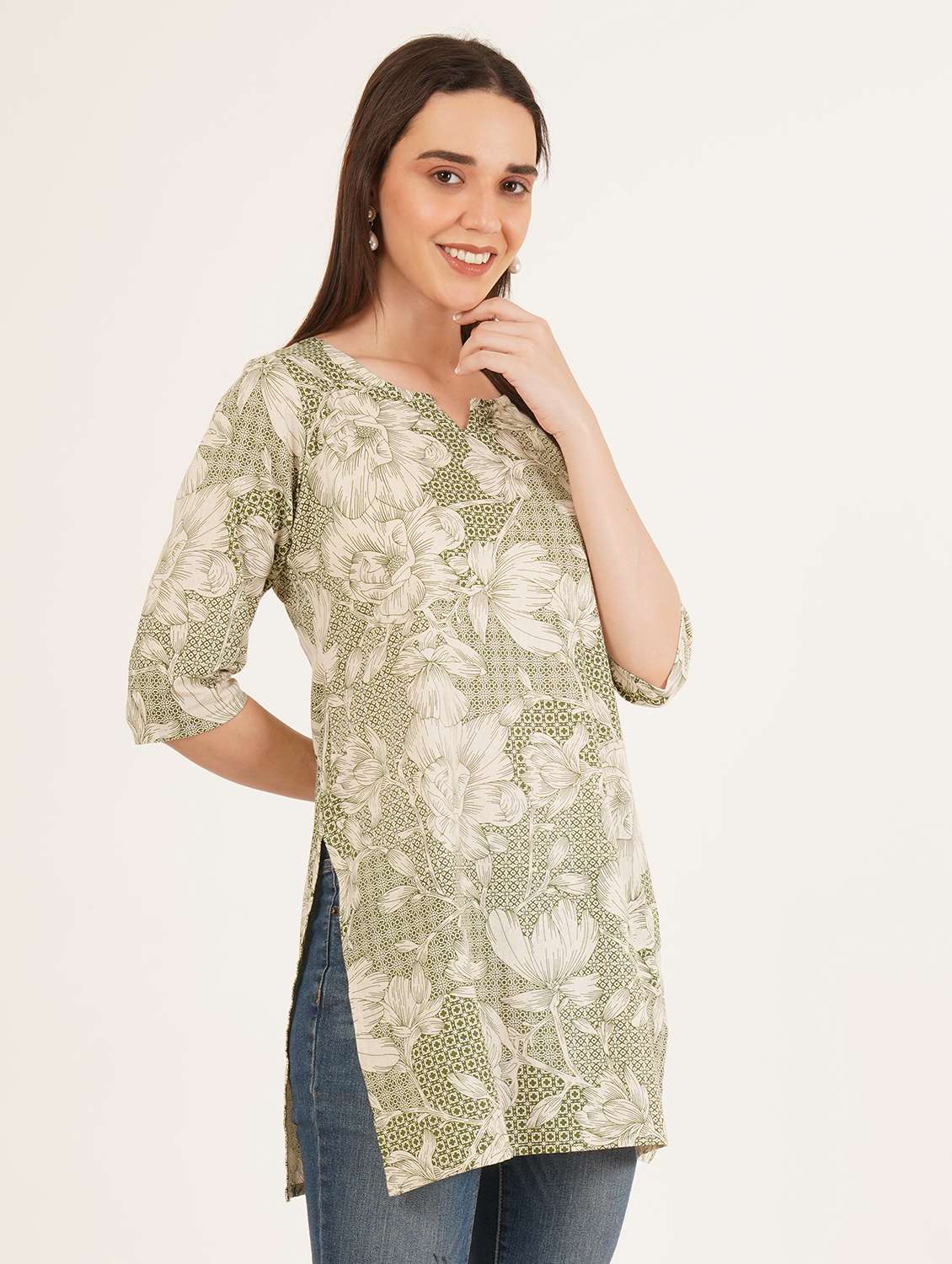 women printed three quarter sleeve straight kurti - 22542787 -  Standard Image - 3