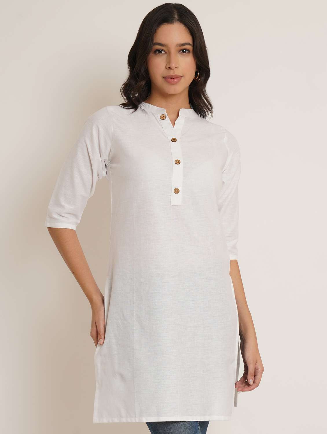 women solid three quarter sleeve straight kurti