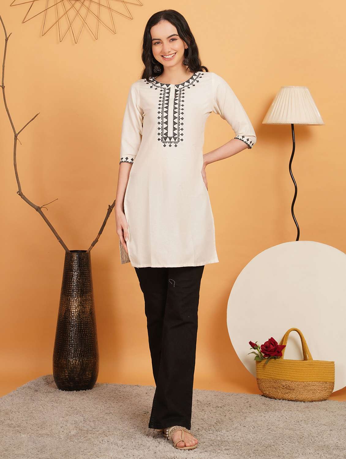 women embroidered three quarter sleeve straight kurti - 22542799 -  Standard Image - 5