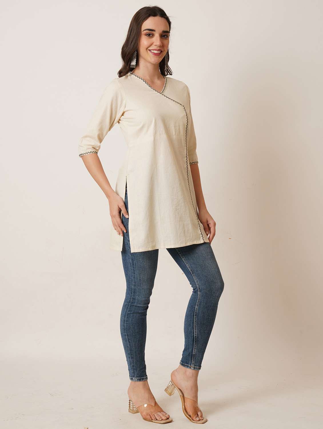 women solid three quarter sleeve angrakha kurti - 22542807 -  Standard Image - 5