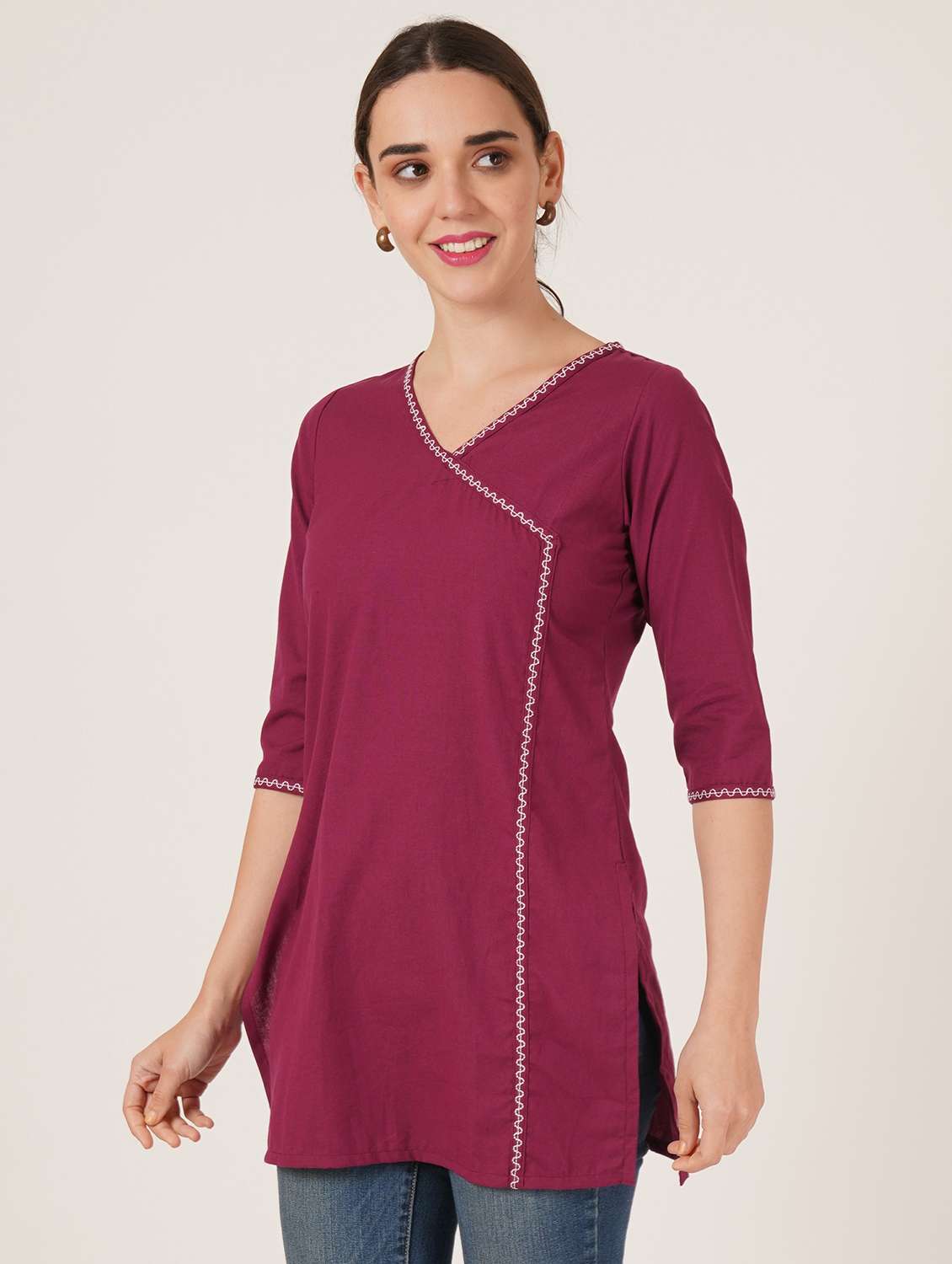 women solid three quarter sleeve angrakha kurti