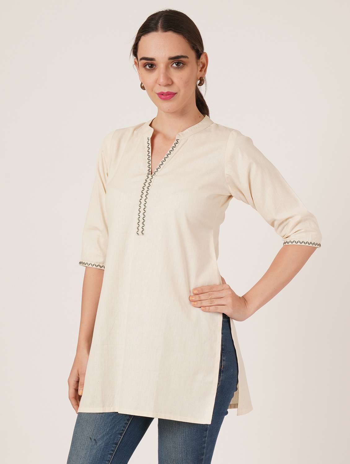 women embroidered three quarter sleeve straight kurti - 22542813 -  Standard Image - 3