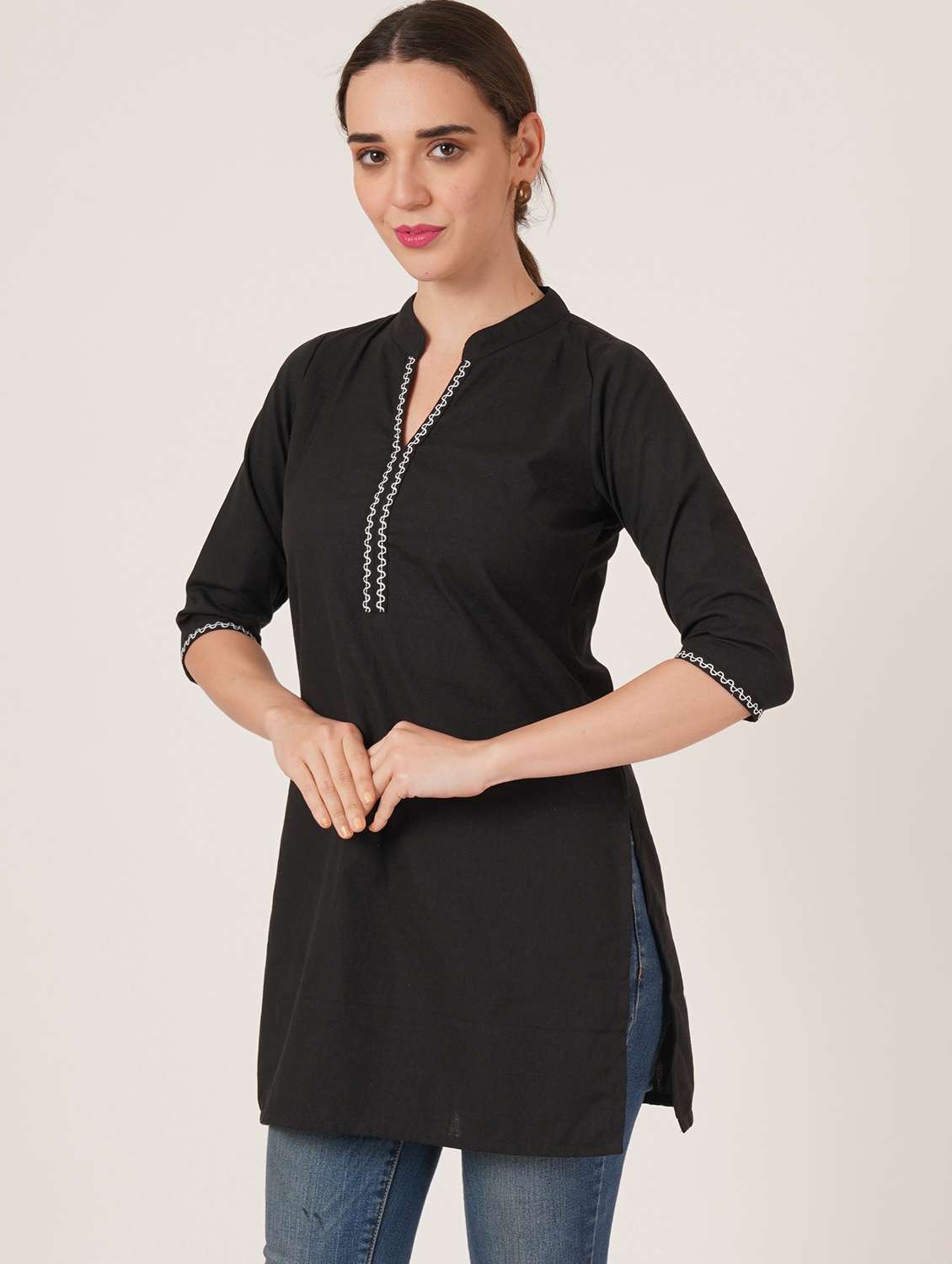 women embroidered three quarter sleeve straight kurti