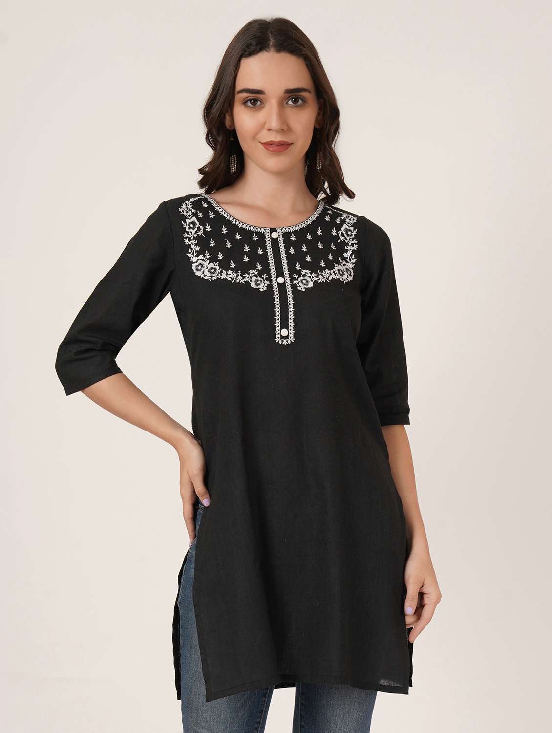 women embroidered three quarter sleeve straight kurti