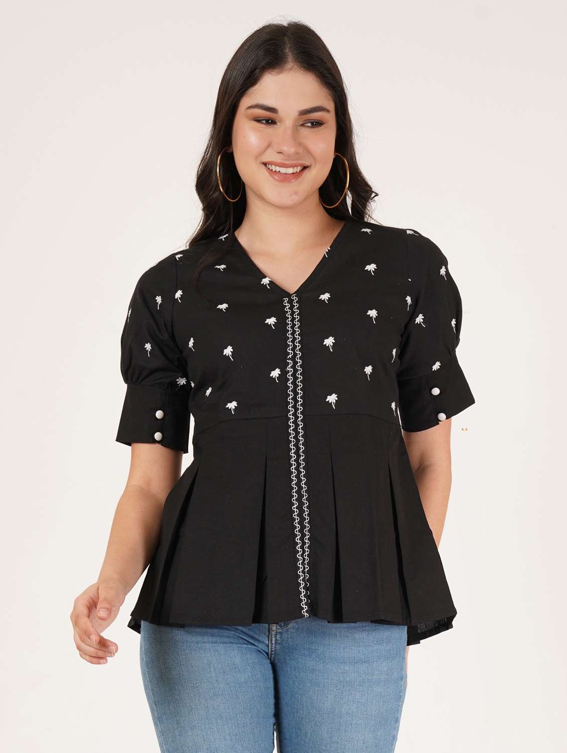 women embroidered puff sleeve a line top