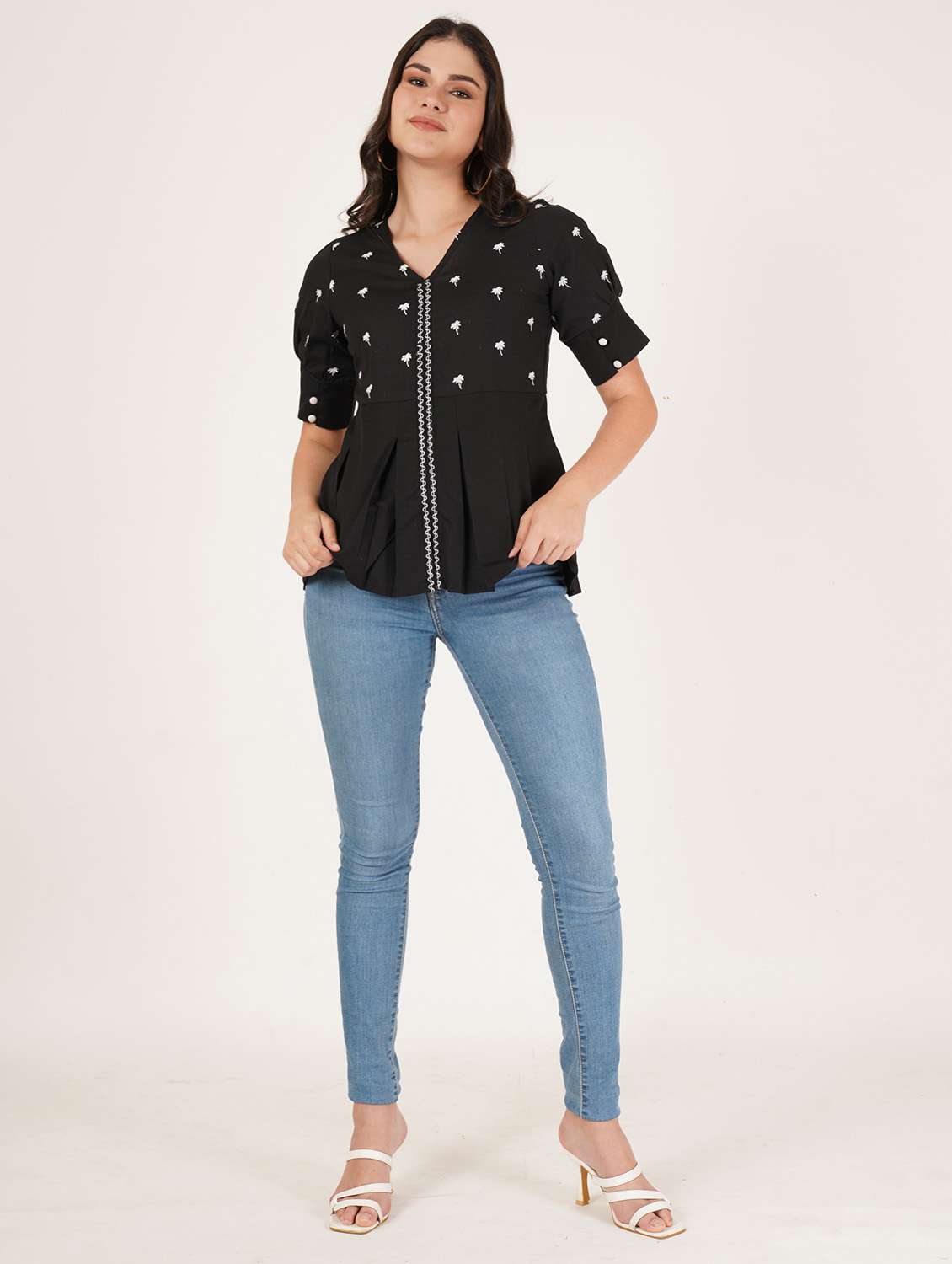 women embroidered puff sleeve a line top - 22542825 -  Standard Image - 5