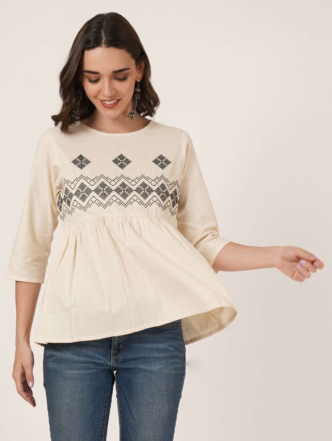 women embroidered three quarter sleeve ethnic top