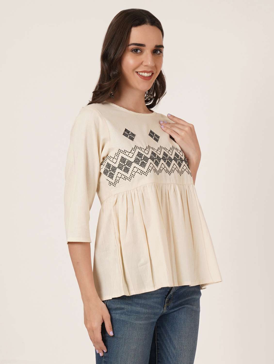 women embroidered three quarter sleeve ethnic top - 22542830 -  Standard Image - 3