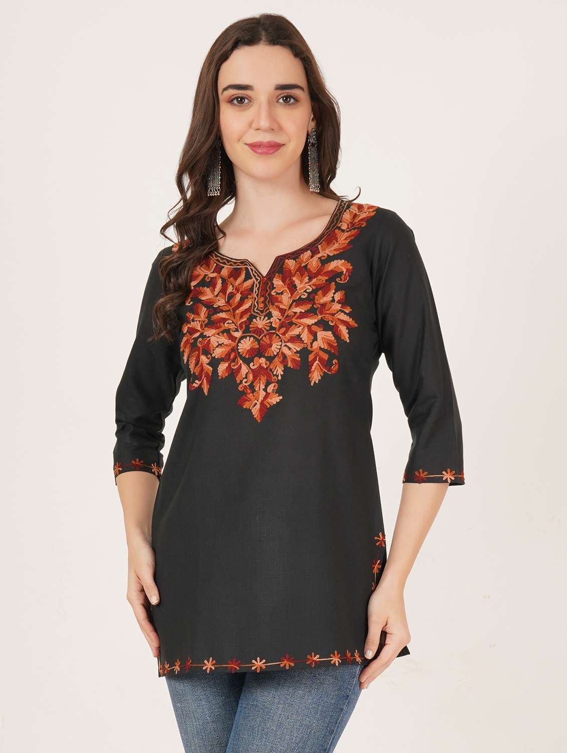 women embroidered notch neck straight kurti