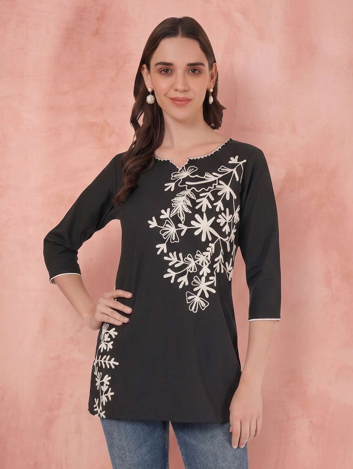 women embroidered notch neck straight kurti