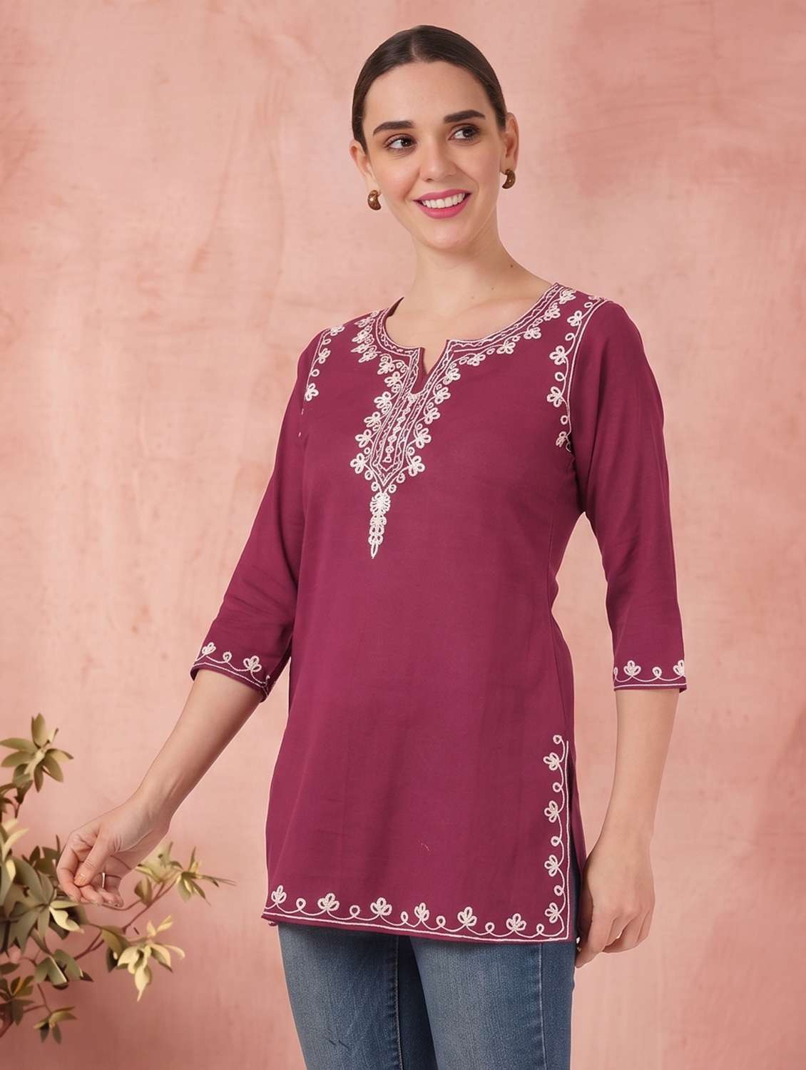 women embroidered notch neck straight kurti